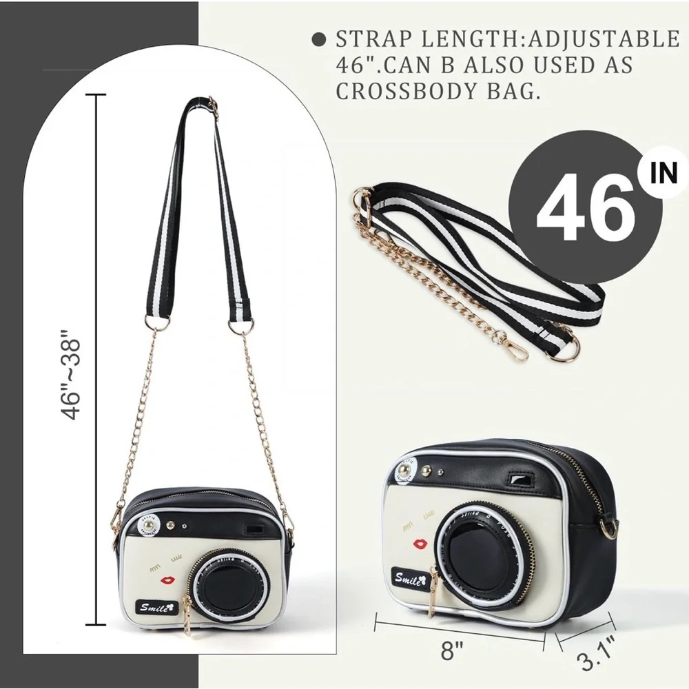 NWOT Stylish Black and White Camera Crossbody Bag